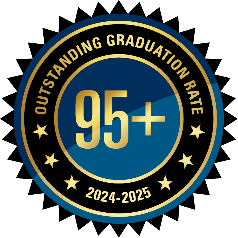 crest with the words outstanding graduation rate 95+ 2024 - 2025
